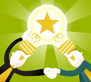 two people shaking hands with lightbulb connecting their heads